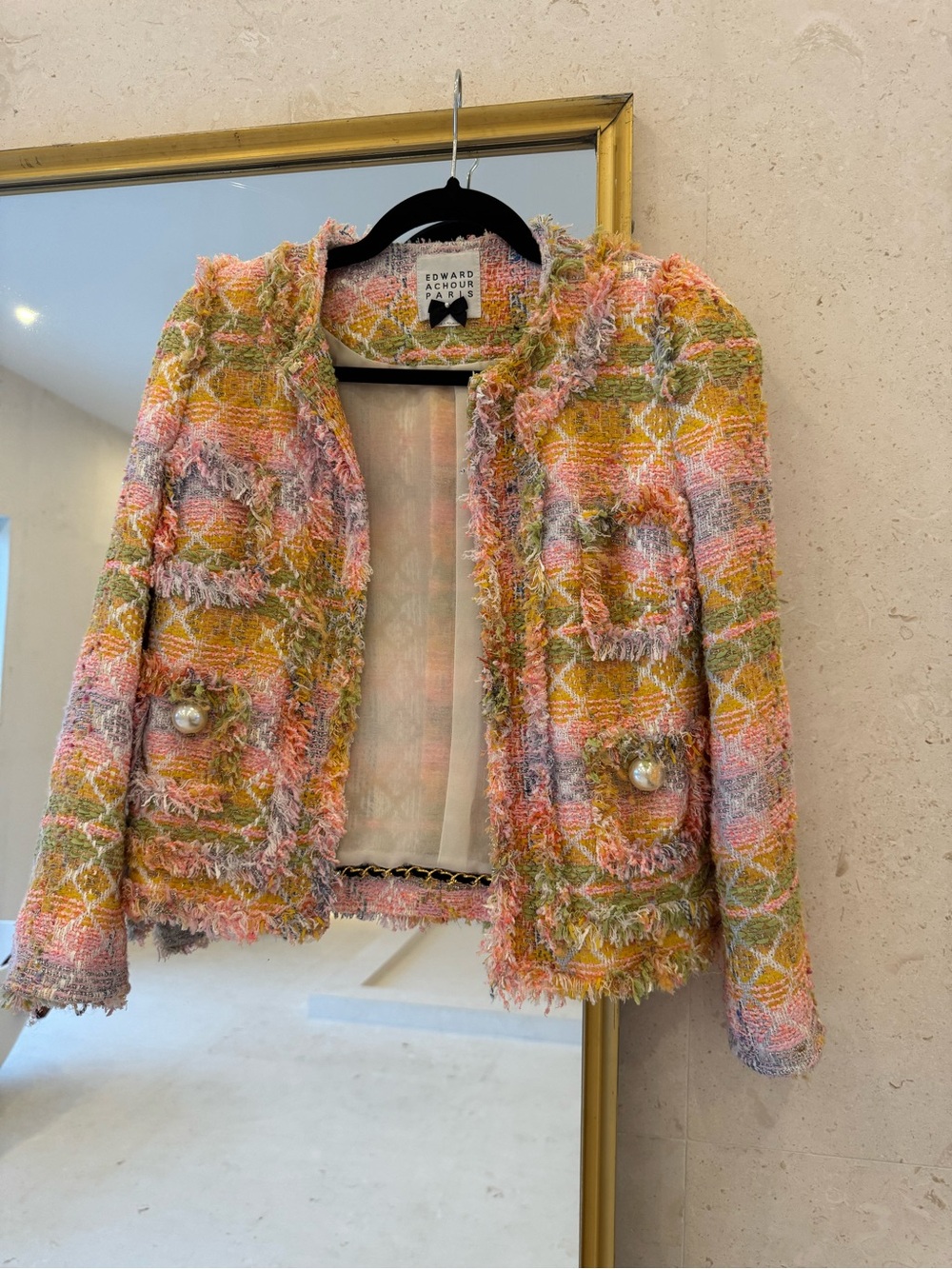 Multicolor Bouclé Fringe Jacket - Pink, Green & Yellow
